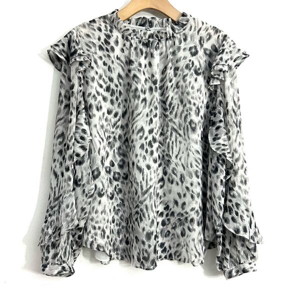 Ann Taylor snow leopard ruffled sleeve mock neck top white black casual size XL - Picture 1 of 16